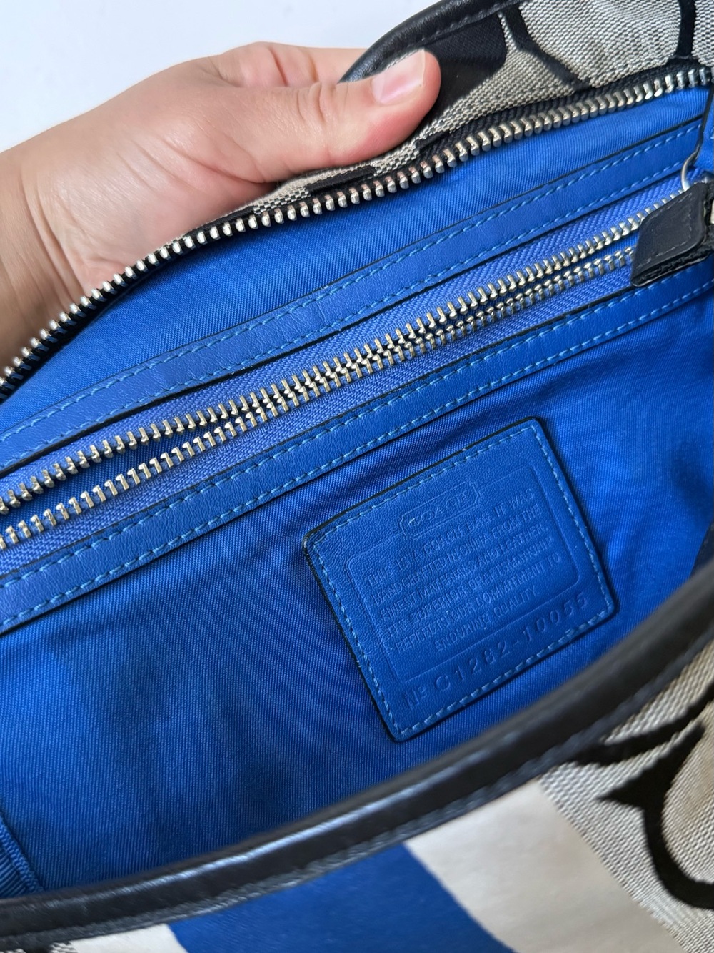 Coach Grey Monogram Shoulder Bag with Blue Stripe and Black Trim - Picture 8 of 12